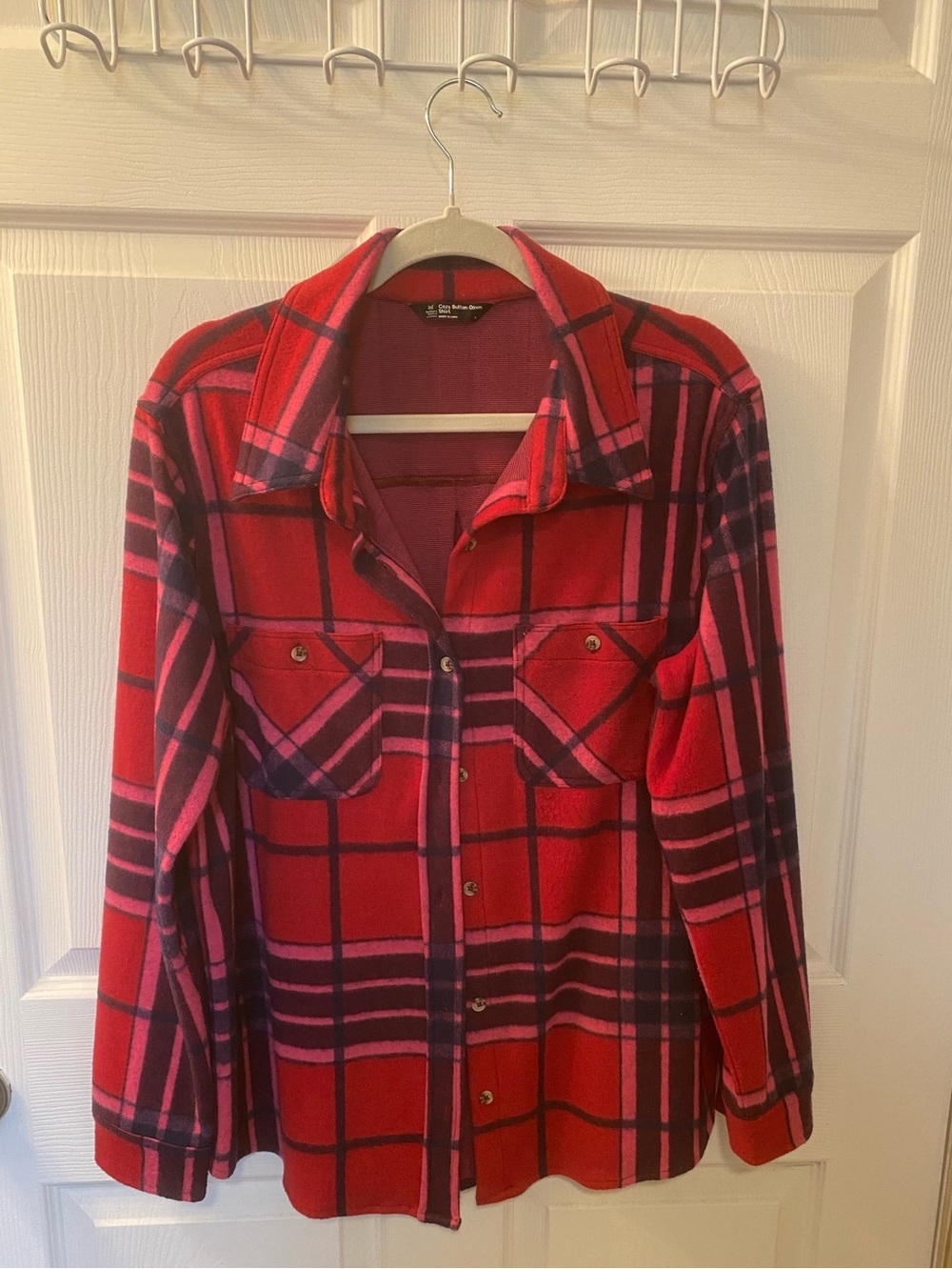 Women's Red Plaid Utility Jacket with Chest Pockets